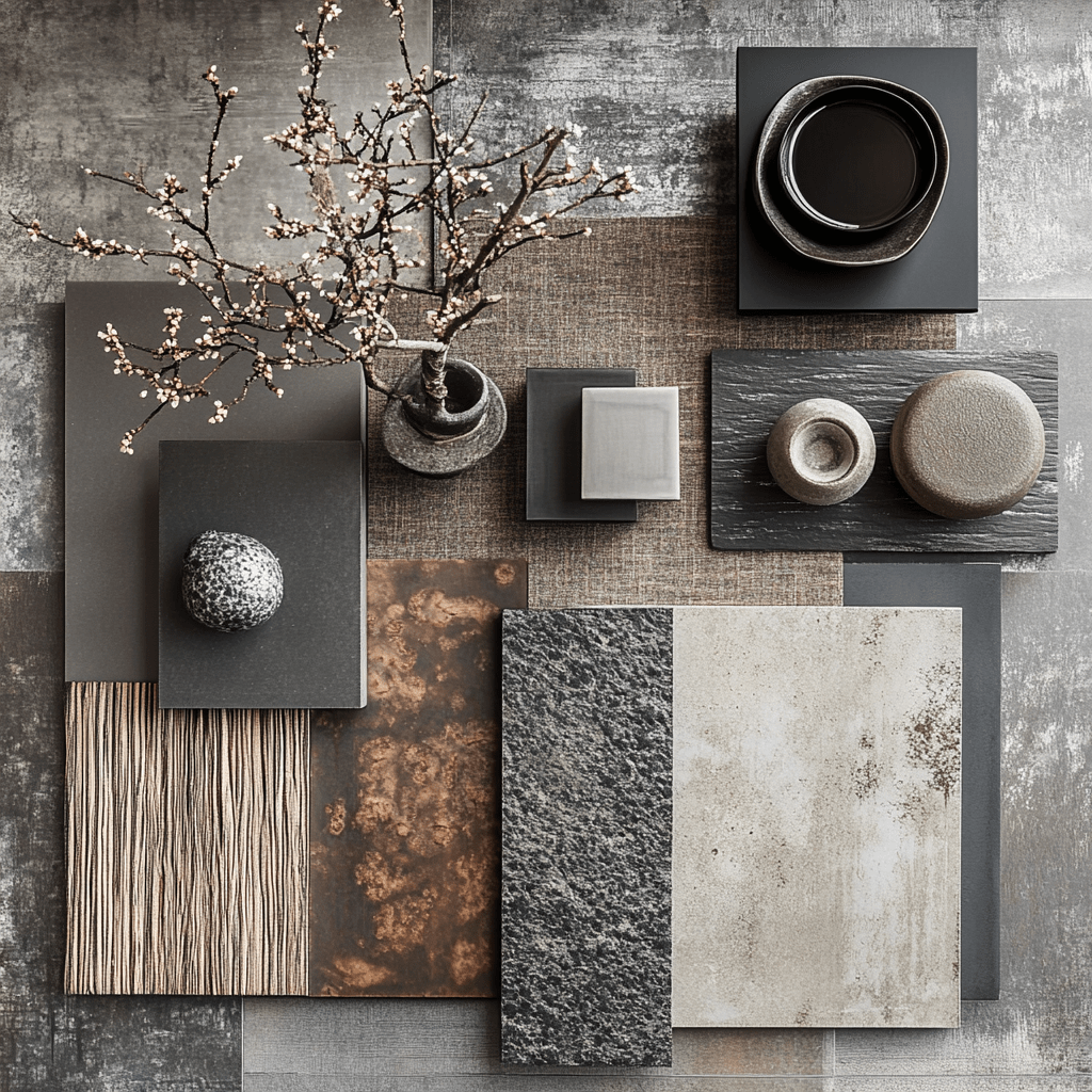 Interior Design Residential Mood Board with grey, beige and anthracite materials and objects.